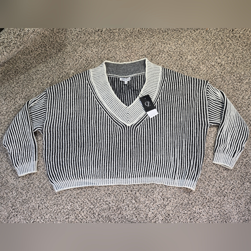 Collection by Cezele Black & White Striped V-Neck Sweater Oversized Cropped NWT